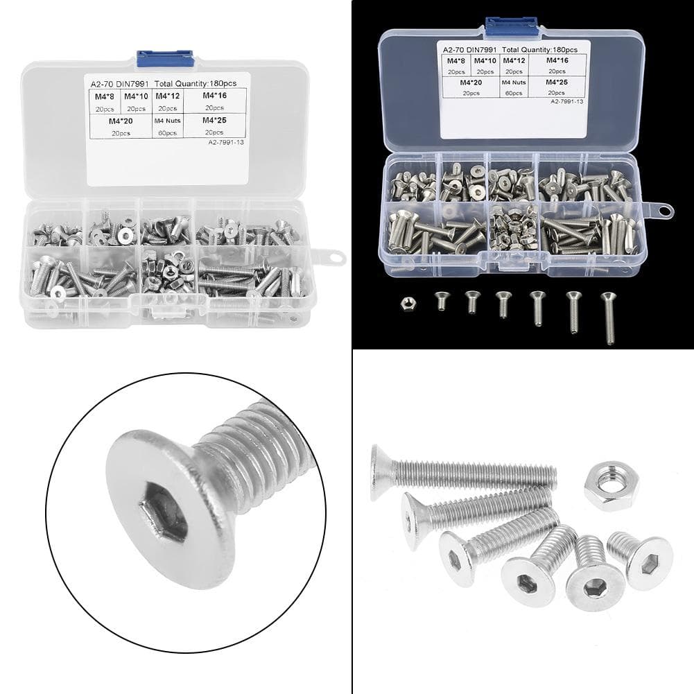 180pcs M4 304 Stainless Steel Flat Head Bolt Screws Nuts Assortment Kit with Box