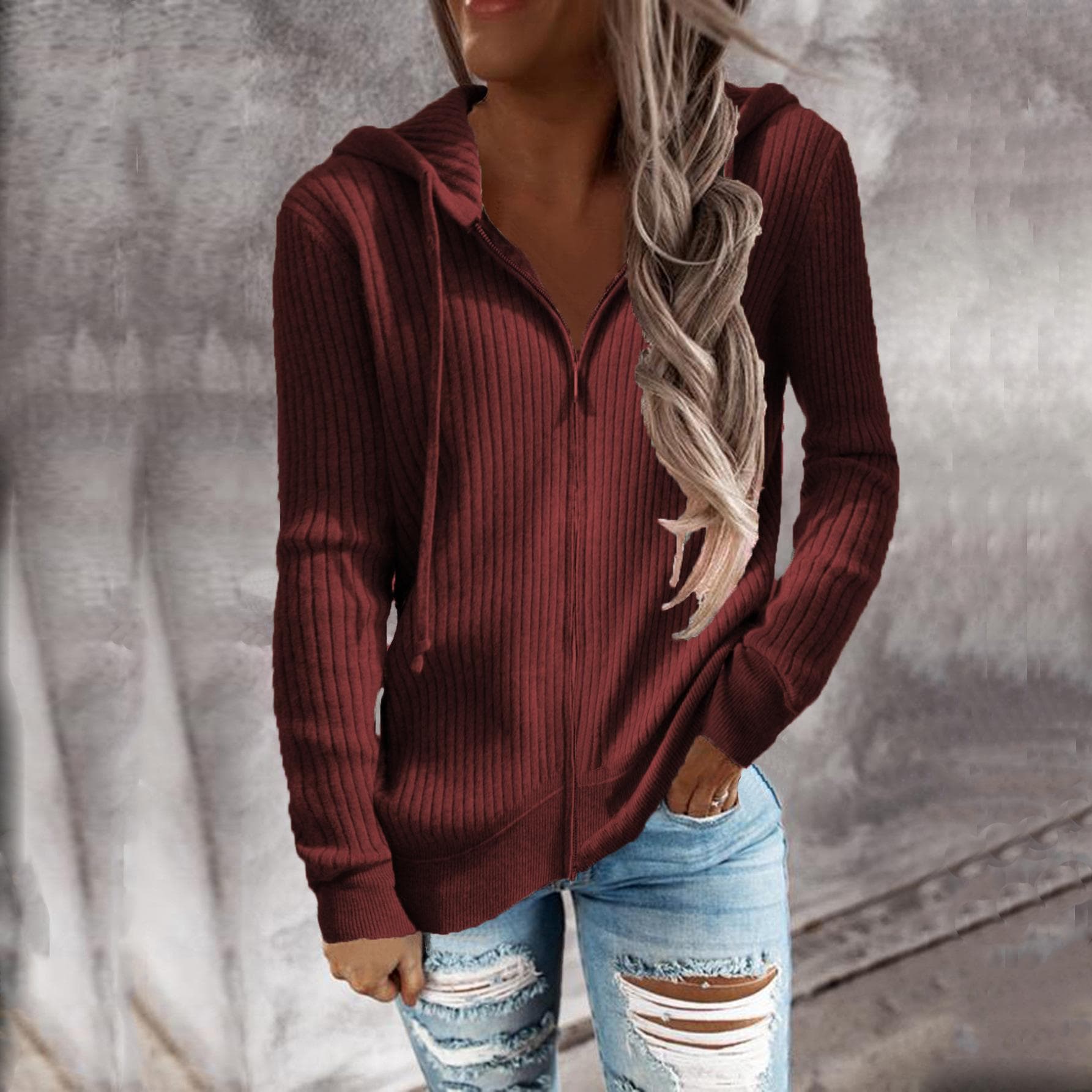 European and American Autumn and Winter Women's Sweater Knitwear Long Sleeve Hooded Women S burgundy