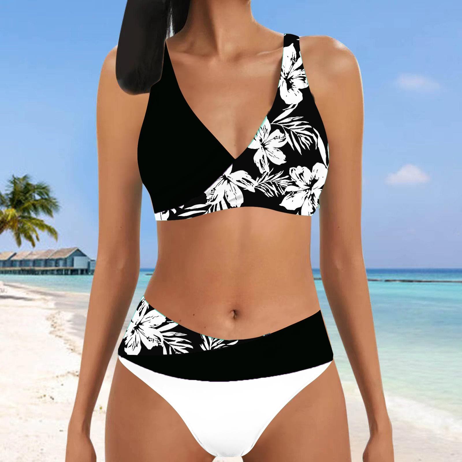 Women's Hanging Neck Style Swimsuit Flowers Print Bikini Tankini Swimsuit M white