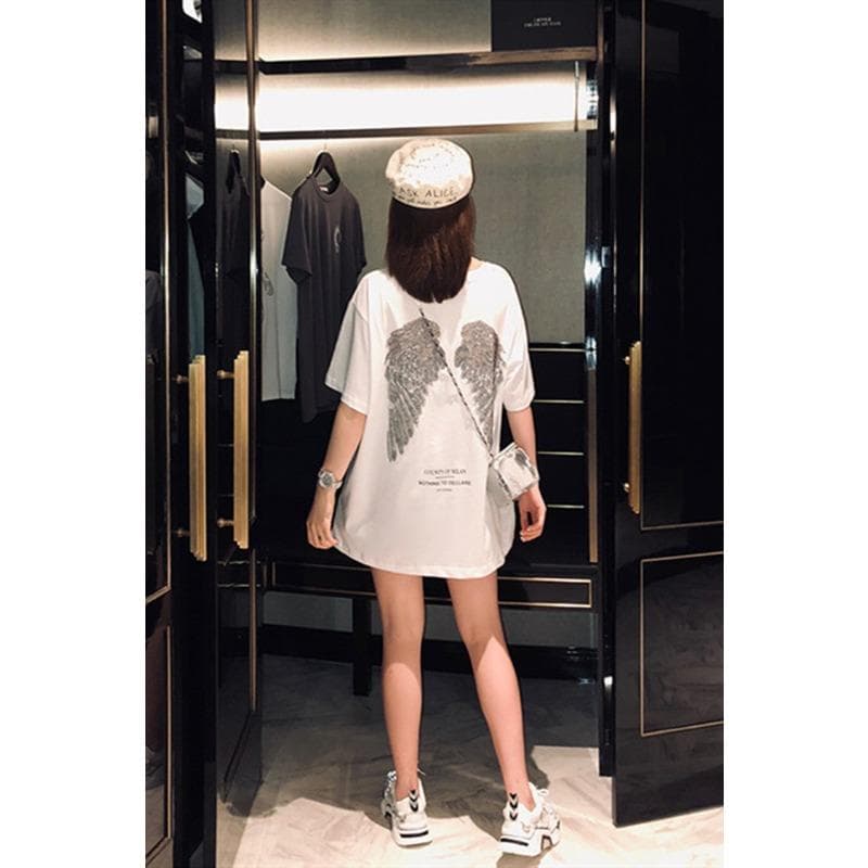 White T-shirt Women's Ironing Diamond Short-sleeved Summer New Wing Top Mid-length Base Shirt XXXL white