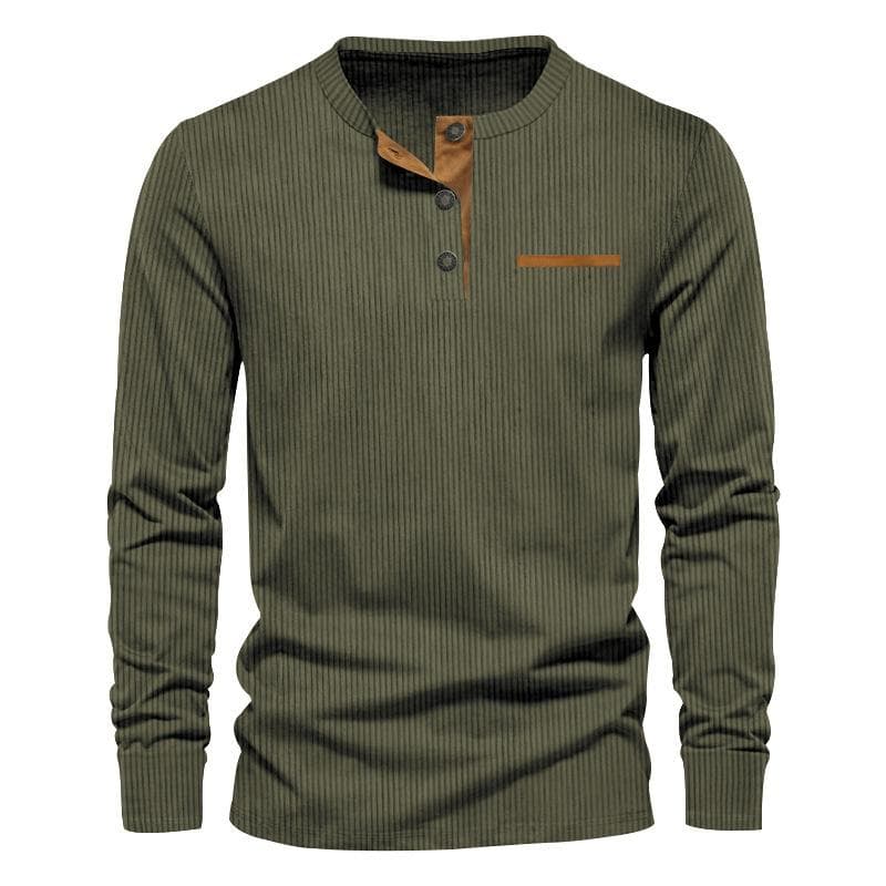 Spring new casual men's corduroy Henley shirt men's long-sleeved Slim T-shirt XXXL army green