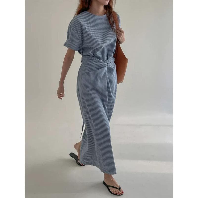 Designed Cross-strap French Waist Dress Women's Summer New Slim Short-sleeved Striped Long Skirt XL