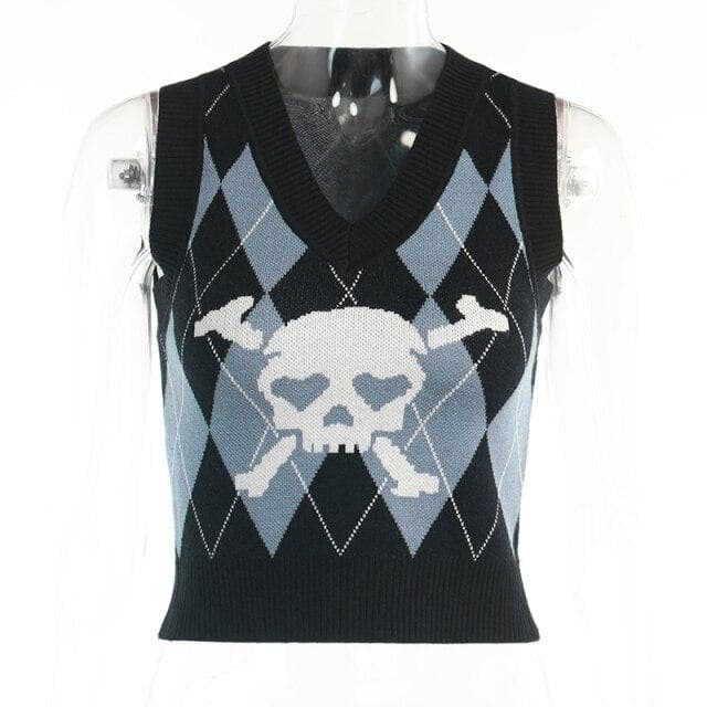 Gothic Skull Print Trui Vest Harajuku Punk Sexy V-hals Mouwloze Copped Tops Grunge Autume Winter Vrouwen Gebreide Tops M black