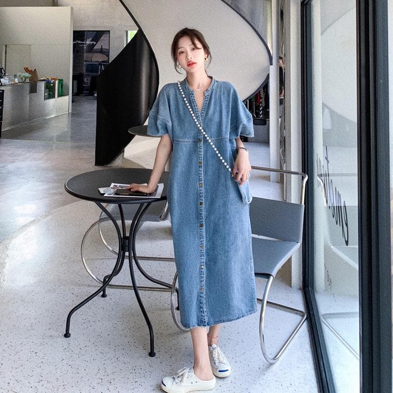 Short-sleeved Denim Dress for Women Summer New Korean Style Loose Single-breasted Shirt Dress XL