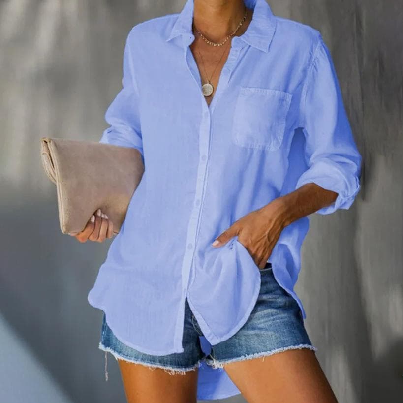 Women's Shirt Solid Colour Large Size Casual Loose Button Down Shirt L sky blue