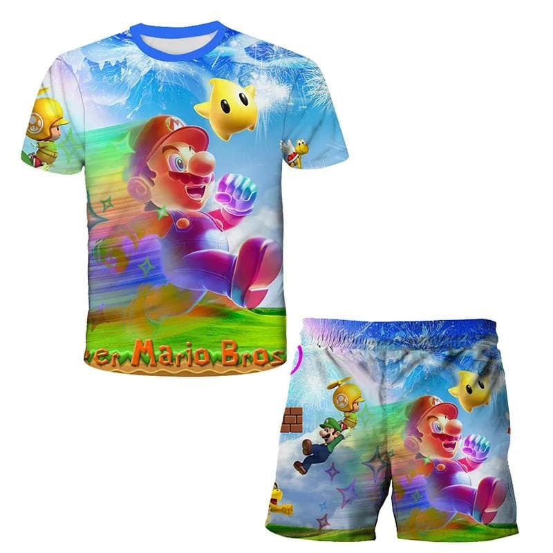 2025 MINISO Children's Clothing Sets Cosplay Super Mario T-shirts Shorts 2 Pcs Suits Kids Boys Girls Tops Tee Mario Bros T-shirt Pants Suit 140