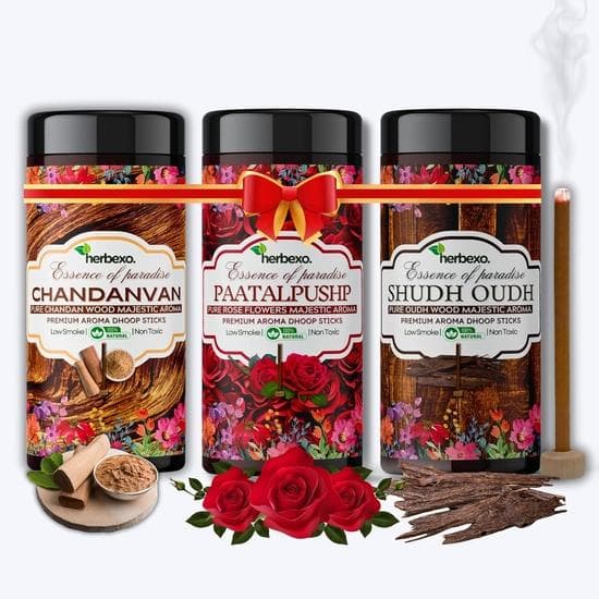Sandalwood (Chandan), Oud and Rose Pure Attar Fragrant Dhoop Sticks Trio Pack Long Lasting Majestic Ittar Fragrances 100% Natural