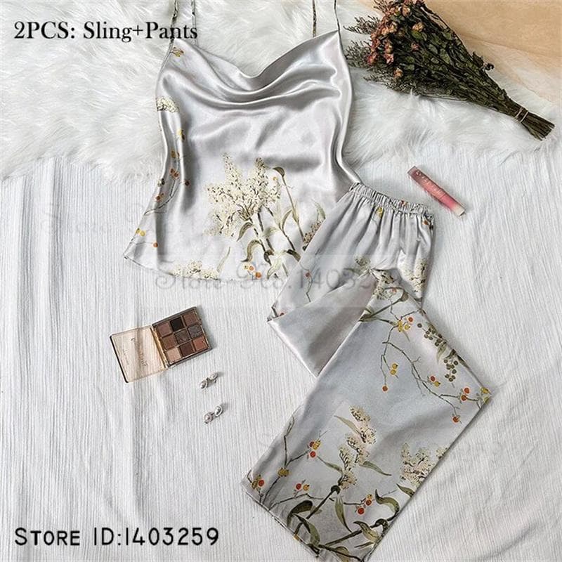 New Female 4PCS Pajamas Set Spring Summer Satin Sleepwear Intimate Lingerie Print Cherry Flower Nightgown Loose Home Clothes S