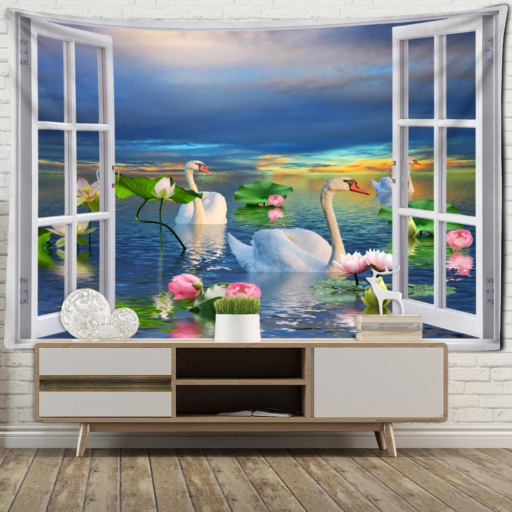 Imitation Window Landscape Tapestry Wall Hanging Tropical Tree Seaside Art Bohemian Hippie Dormitory Home Decor 95x70cm