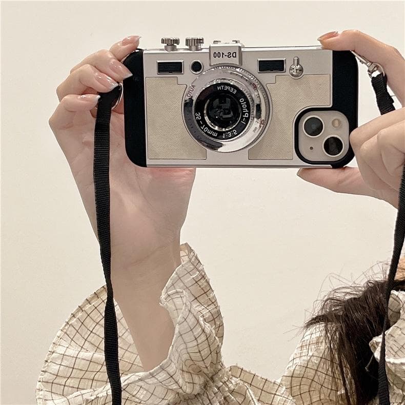 Fashion 3D Retro Camera Case for IPhone 15 Pro Max 14 13 12 11 Pro Max X XR XS Max 8 Plus Lanyard Camera Shockproof Cover 14ProMax white