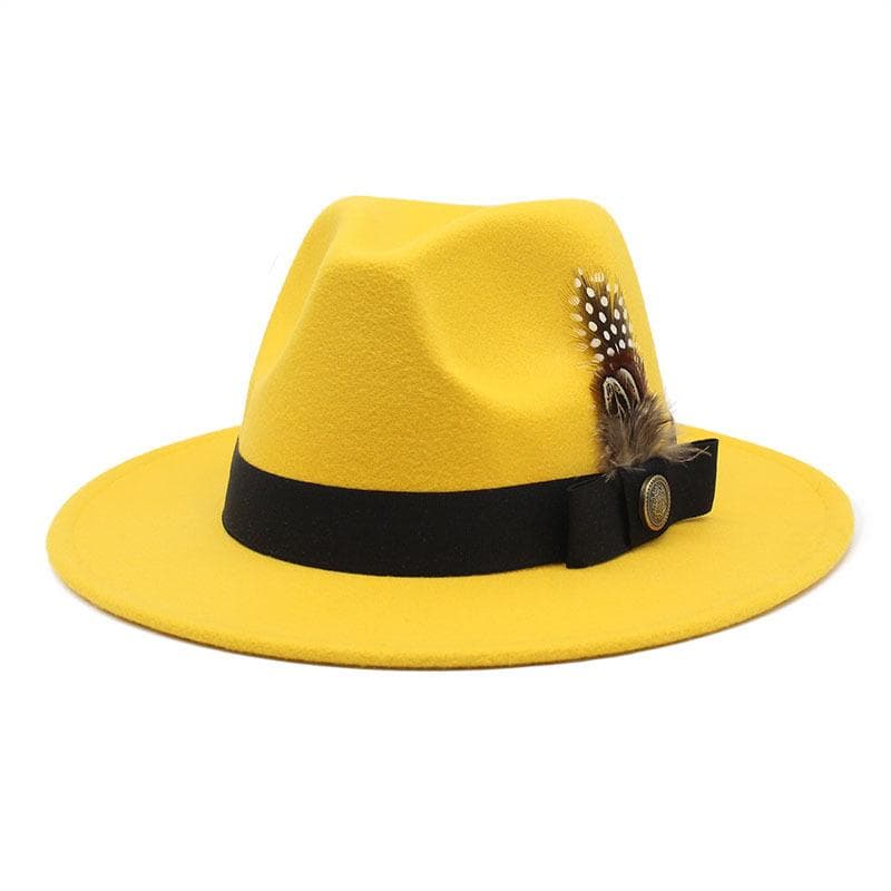 White Woolen Gentleman Classic British Jazz Feather Top Hat Wide Brim Party Church Wedding Fedora Hats Men Women Panama Felt Cap M 56-58cm yellow