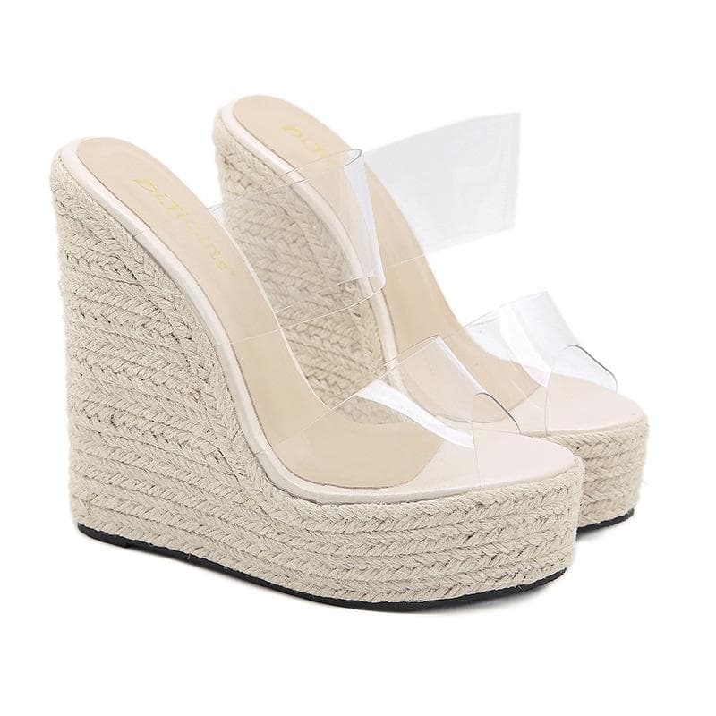 Summer PVC Transparent Peep Toe Cane Straw Weave Platform Wedges Slippers Sandals Women Fashion High Heels Female Shoes 36 apricot
