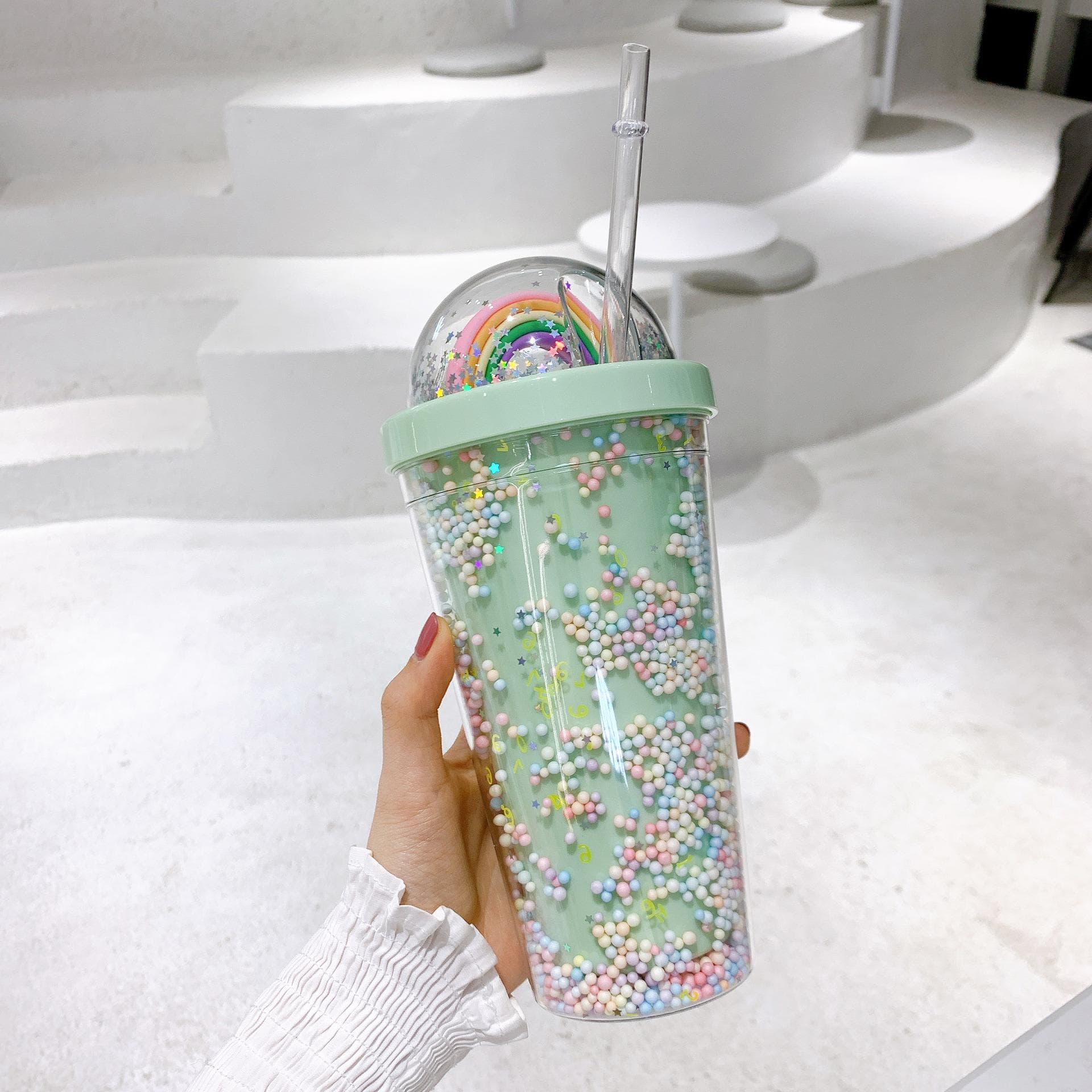 Korean Double-Layer Plastic Cup with Straw - Ideal for Breakfast, Juice, Milk, Home, or Office Use 550mL