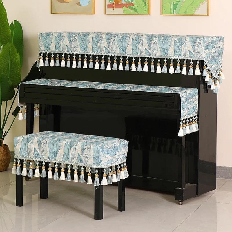 Beaded Fringe Piano Half Cover Modern Minimalist Plant Pattern Dust Covers High End Electronic Piano Cover Cloth Protective Cose bench 56x36cm