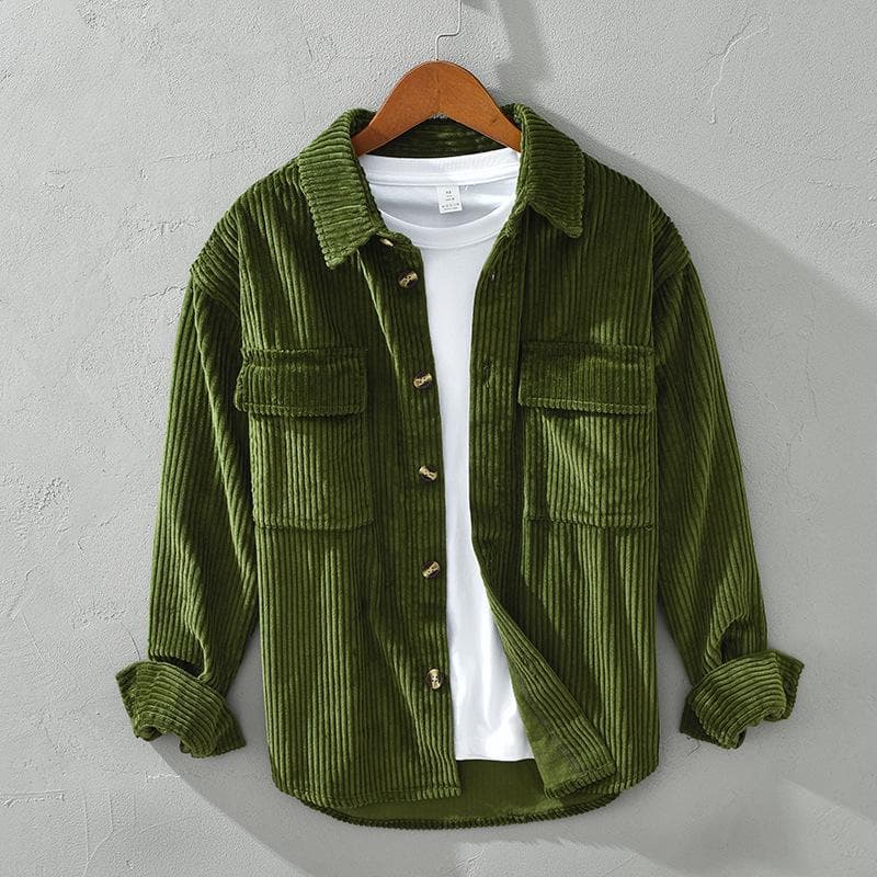 Men's Retro Corduroy Long-Sleeve Shirt, Japanese Hong Kong Trend, Casual Loose Fit, Thickened Workwear Jacket for Autumn and Winter XL green