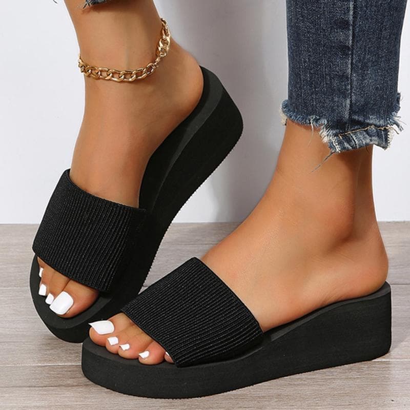 Knitted Wedges Slippers for Women 2023 Summer Chunky Platform Wedge Heels Sandals Woman Light Thick Sole Beach Shoes Mujer 40 black