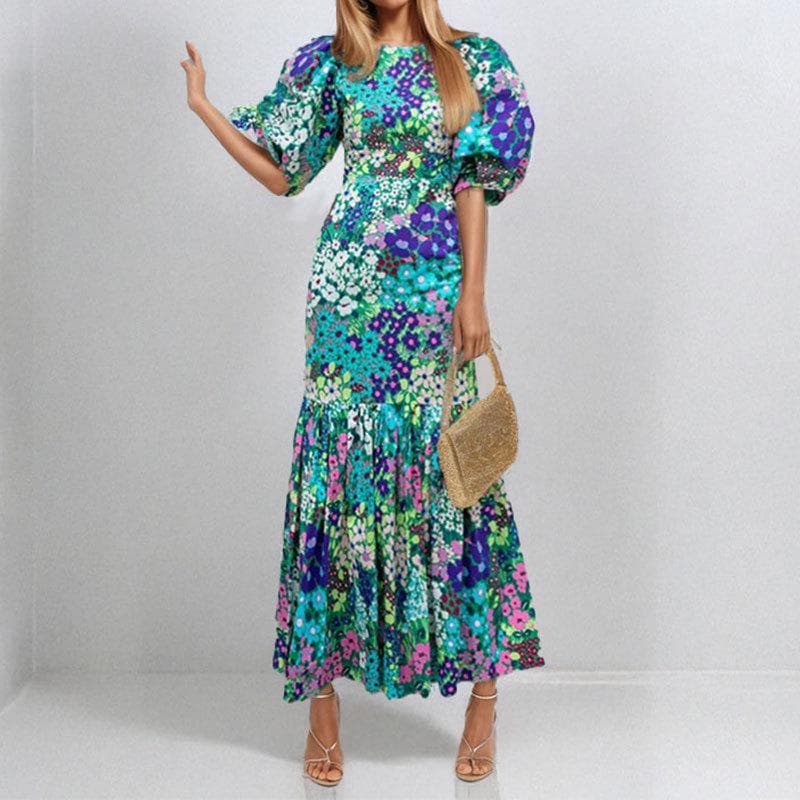New Women's Fashion and Temperament Printed Slim Round Neck Pleated Waist Dress 3XL