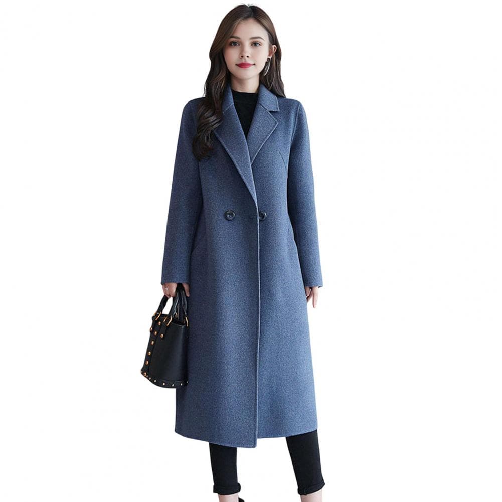 Women Jacket Turn-down Collar Pockets Solid Color Double-breasted Loose Fit Overcoat Thermal Long Sleeved Commuting Dating L blue
