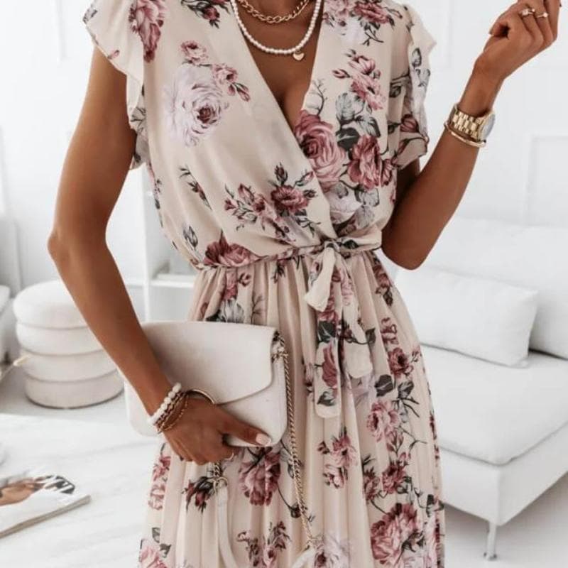 Women's Fashion Short Sleeve V Neck Floral Pleated Dress Casual Dresses L