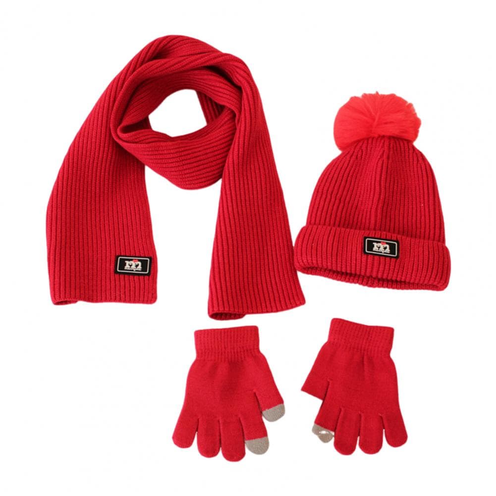 3 Pcs/Set Children Hat Scarf Glove Set Thickened Plush Ball Decor Knitted Anti-slip Heat Retention Windproof Keep Warm Girls Boy red
