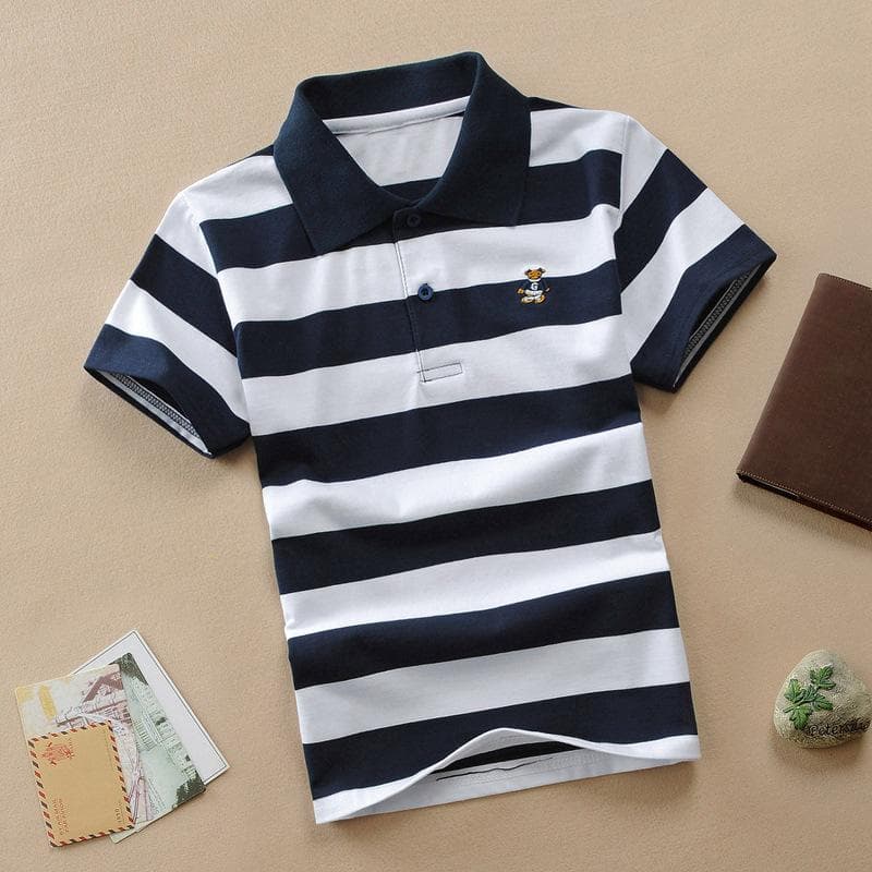 Boys' Short-sleeved T-shirt Polo Shirt Pure Cotton 1-12 Years Old Shirt Medium and Large Children's Striped Lapel Cotton T-shirt Summer 115cm