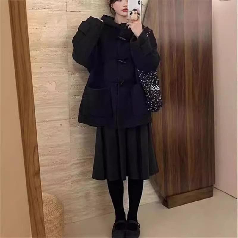 Double-sided Wool Coat for Women In Autumn and Winter New College Hooded Horn Design Woolen Coat for Small People M