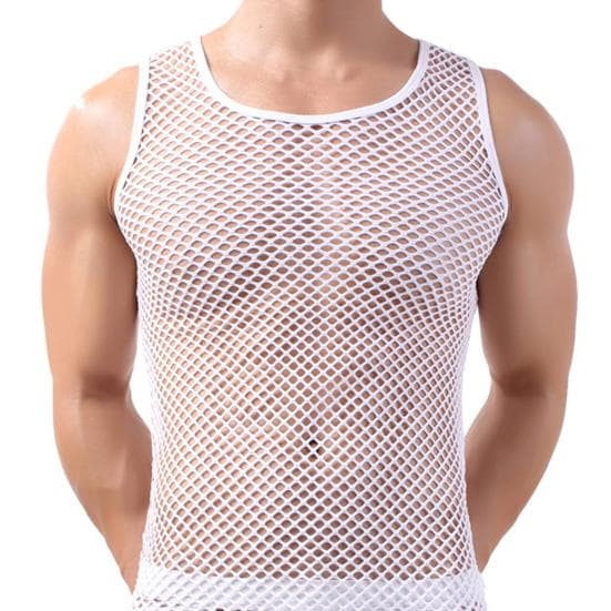 Underwear O Neck Breathable Sleepwear Fish Net Pure Color Vest for Sleeping M white