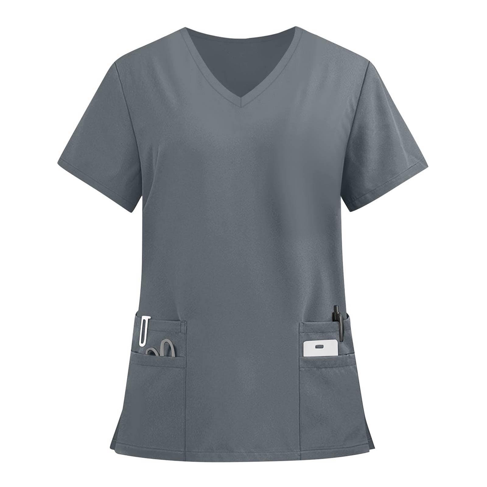 Women's Fashion Solid Short Sleeve V Neck Pattern Tops Pocket Working T-shirts XXL
