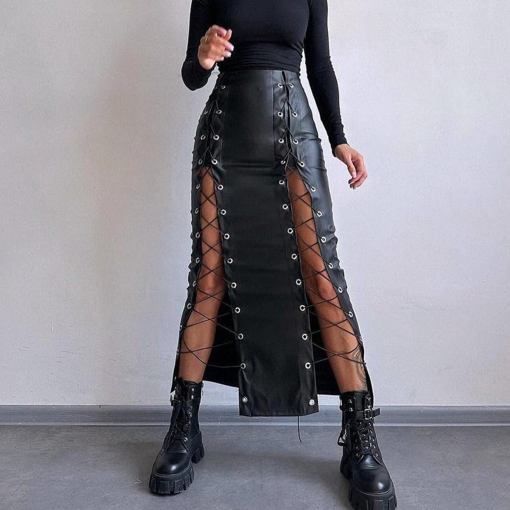 Women's Spring PU Leather Sexy Solid Color Slit Lace-up Hip Skirt Slim Skirt XL