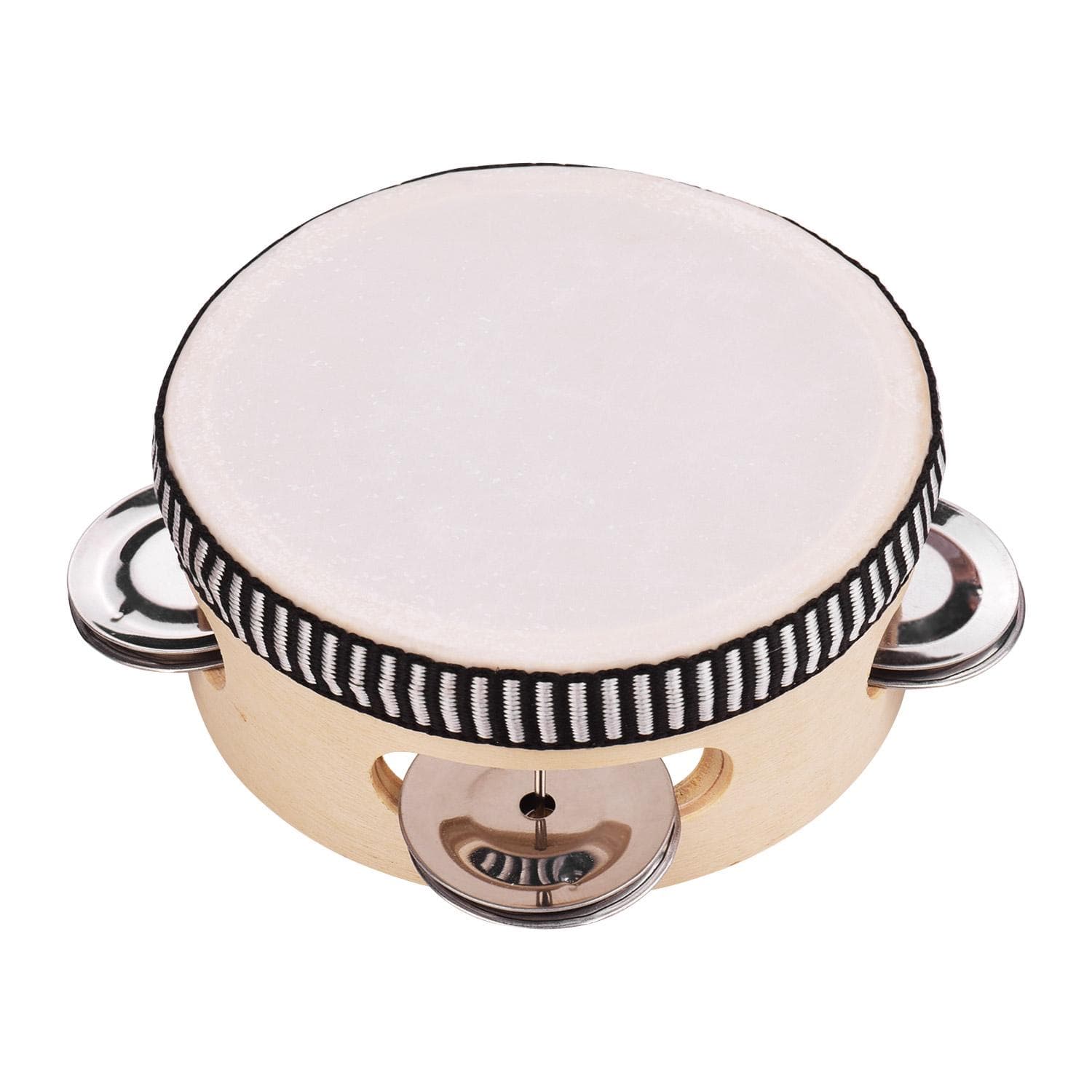 4 Inch Wooden Hand Tambourine with Metal Single Row Jingles Polyester Drum Polyester Drum Skin