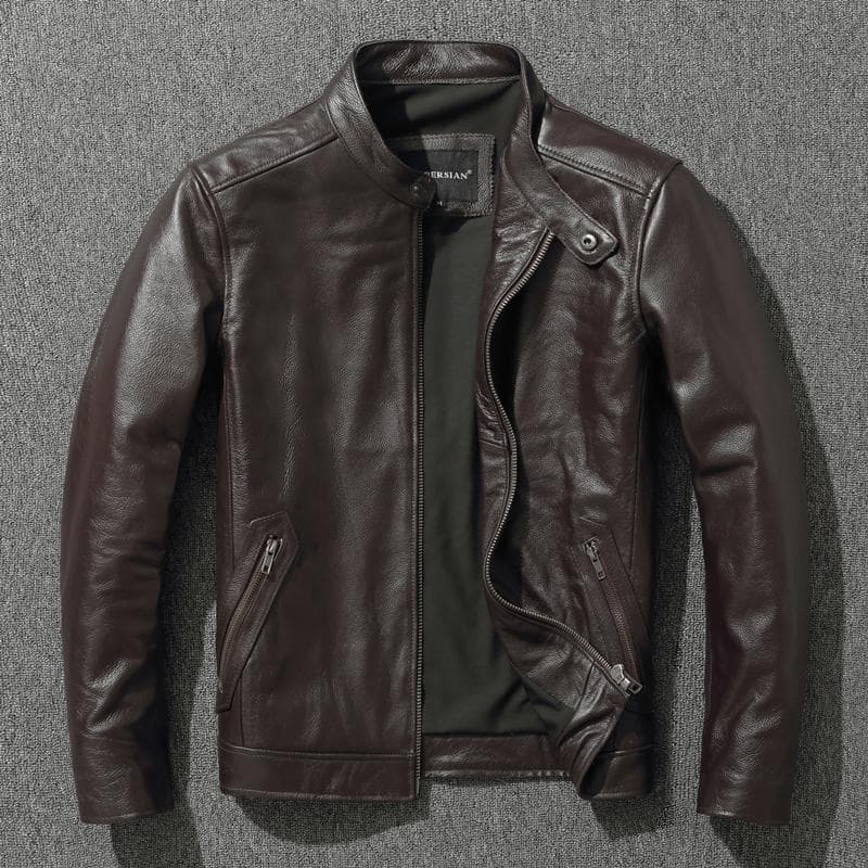 First Layer Cowhide Jacket Slim Fit Stand Collar Biker Leather Jacket Men's Soft Cowhide European and American Large Size Jacket Retro S
