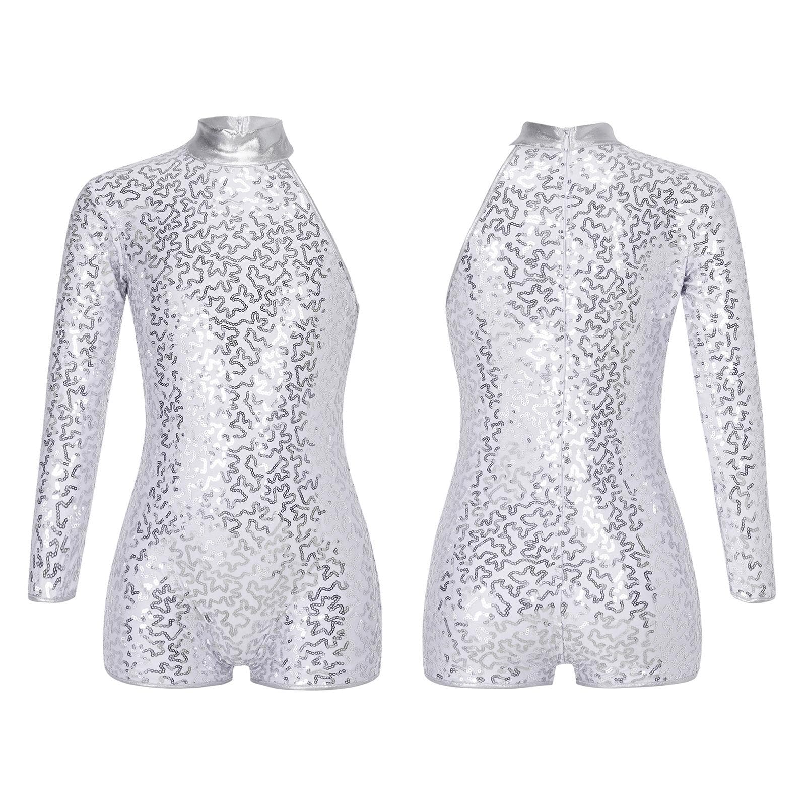 Kids Girls Single Long Sleeve Gymnastics Leotard Sequins Ballet Dance Unitards Short Jumpsuit 5-6 Years silver