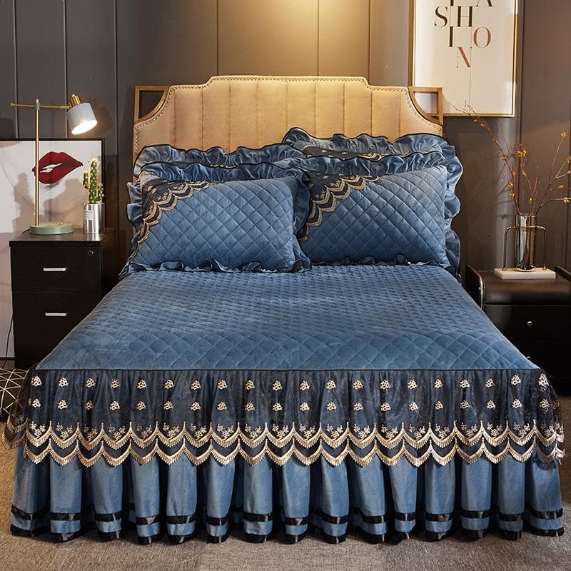 Dark Blue Luxury Lace Winter Bedspread Thick Home Bed Skirt-style Bed Sheets Embroidery Cotton European-style Bed Spreads 180x220cm 1pcs