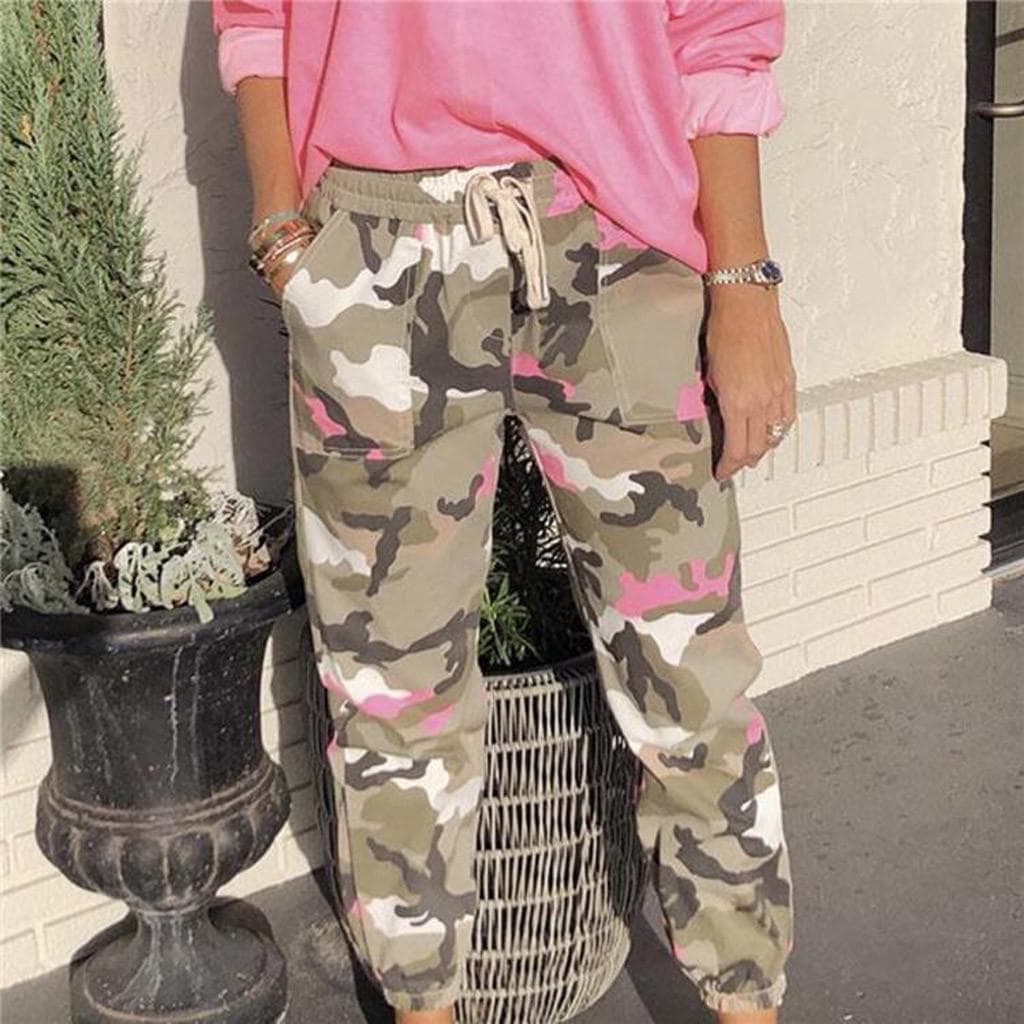 Women Casual Mid Waist Camouflage Summer Loose Pocket Long Straight Pants M pink