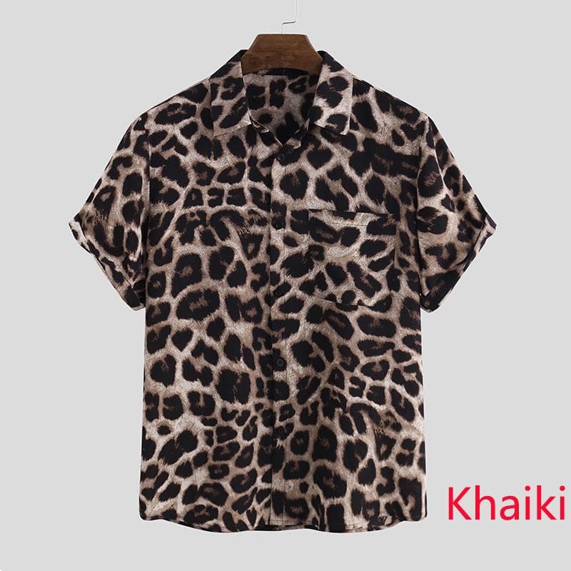 INCERUN Casual Leopard Printed Men Shirt Lapel Summer Short Sleeve Hawaiian Shirts Fashion Print Tops 4XL khaki