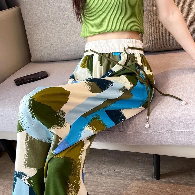 Fat MM Extra Large Size Ice Silk Wide Legs Women's Summer Thin Loose High Waist Dangling Tie Dyeing Slim Straight-Line Casual Pants 3XL green