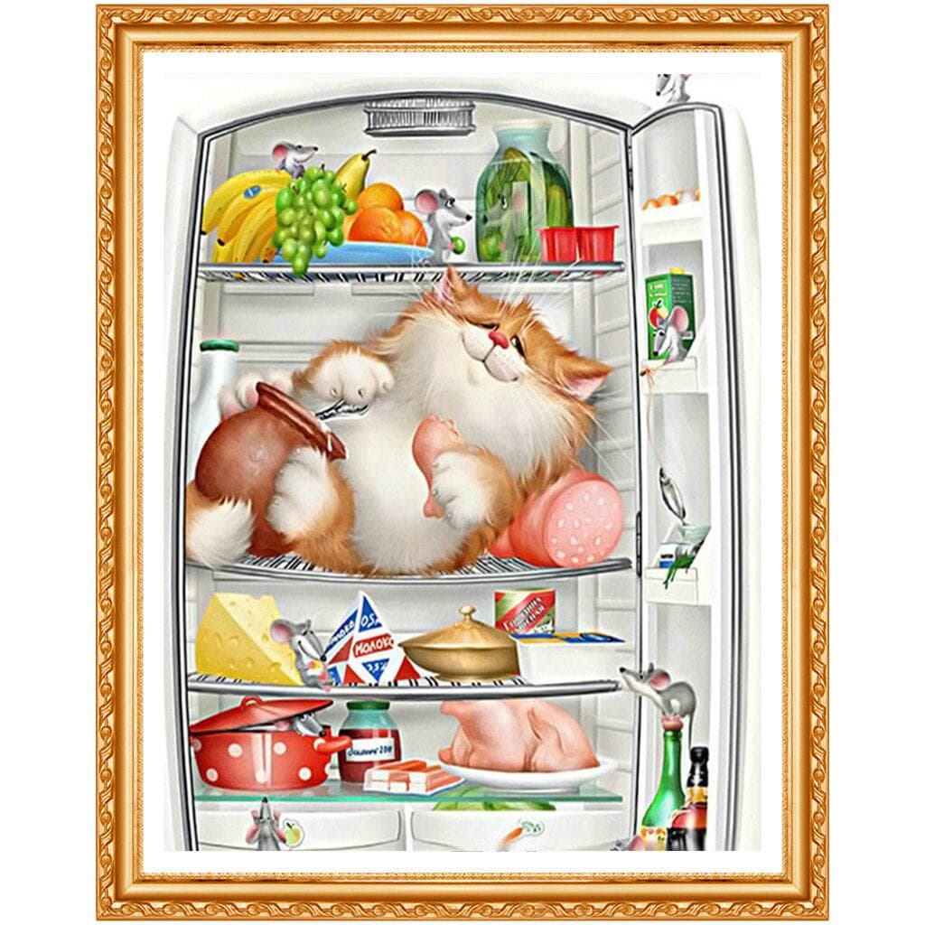 5D DIY Diamond Embroidery Cat In Fridge Diamond Painting Cartoon Cross Stitch Full Round Home Decor 20X30CM