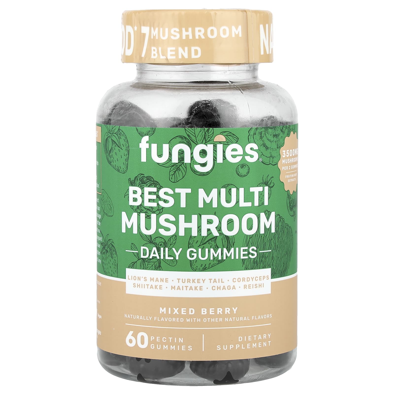 Fungies, the best multi-mushroom daily gummies, mixed berry, pectin gummies, 60 pieces