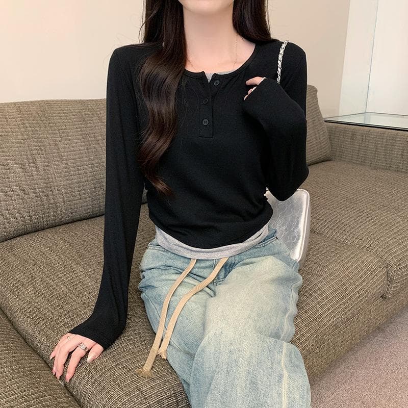 Korean Fake Two-piece Long-sleeved Women's T-shirt for Spring New Short Slim Base Shirt Korean Versatile Top T-shirt 2XL
