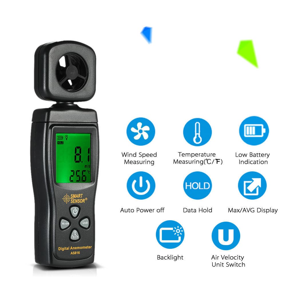 SMART SENSOR Mini Anemometer LCD Digital Wind Speed Meter Air Velocity Temperature Measuring black