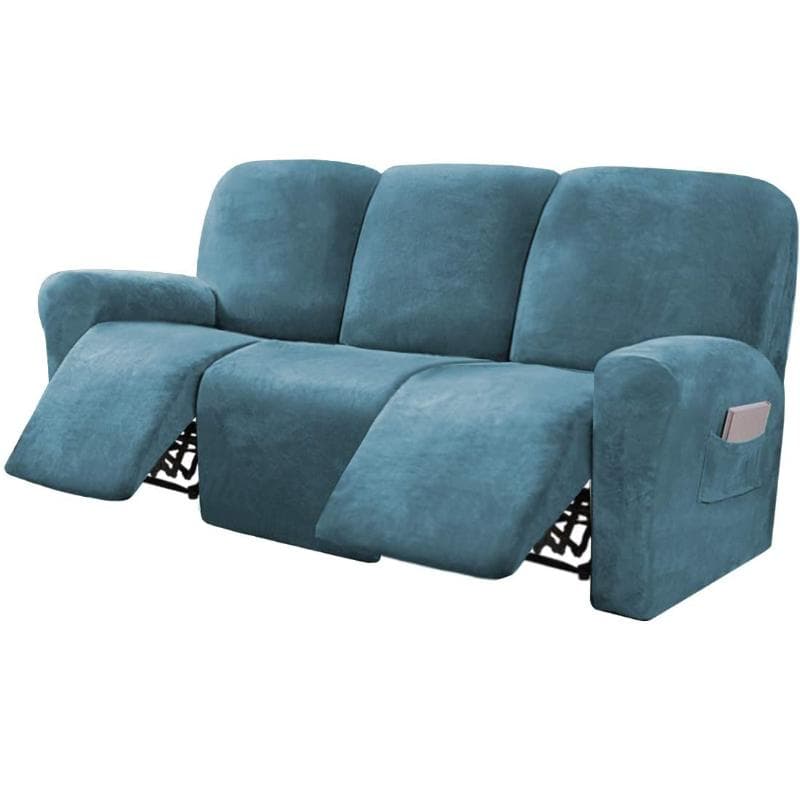 Ultimate Decor 8-Pieces Recliner Sofa Covers Velvet Stretch Reclining Couch Covers for 3 Cushion Reclining Sofa Slipcovers 3-Seat peacock blue
