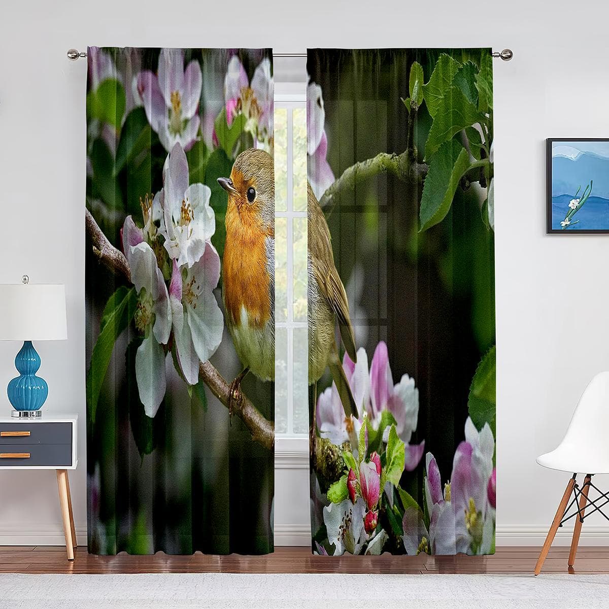 Spring Hummingbirds and Flowers Sheer Curtain for Living Room Bedroom Dress Up Home Window Supplies Print Chiffon Tulle Curtains 1 PCS W100XH250cm&Grommet Top