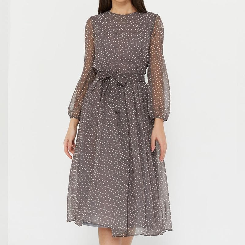 Elegant Dot Print Long Sleeve Spring Women Dresses Casual O Neck Dress Vintage Party Dress XL coffee