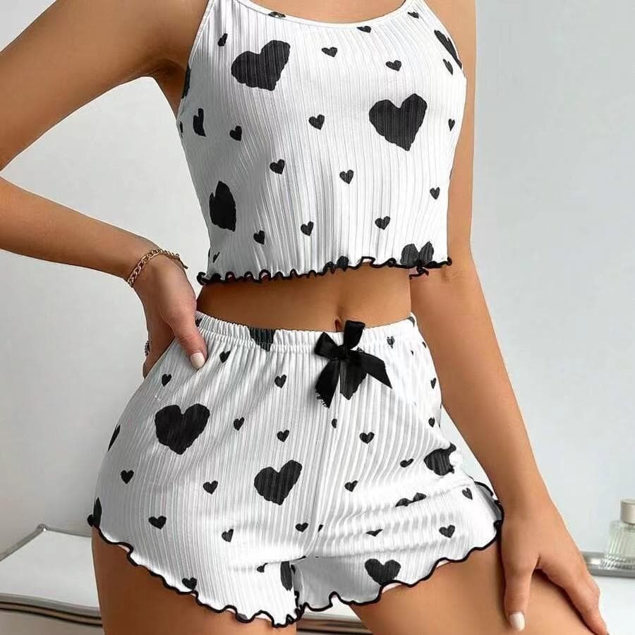 Women's Pajamas Set Sleepwear 2 PCS Short Tank Tops And Shorts White Ventilate Soft Casual Love Printing XL black