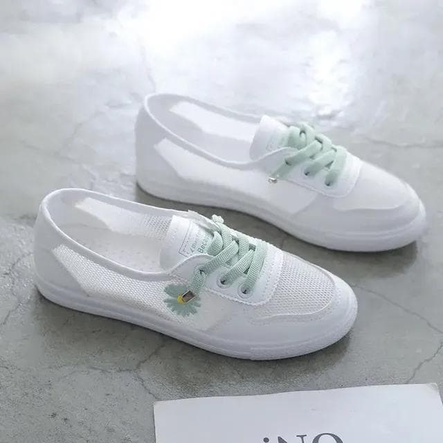Women Spring Summer Flats Sneakers Mesh Breathable Lace Up Tennis Casual Light Hollow Femininos White Comfort shoes 40 green