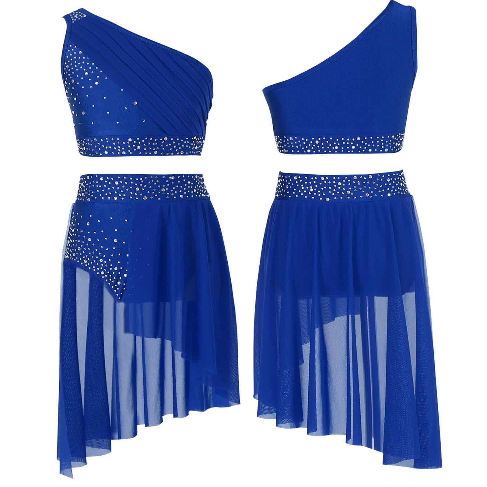 Kids Girls Lyrical Dance Outfit Set Overlay One Shoulder Crop Top with Skirted Briefs Rhinestone Sheer Mesh Dancewear Costume 13-14 Years blue