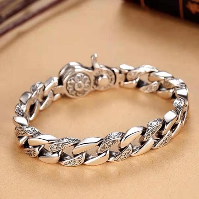 S925 Silver Handmade Six-Character Mantra Wide Version Overbearing Personality Atmospheric Bracelet Men Luxurious Retro Jewelry 22cm