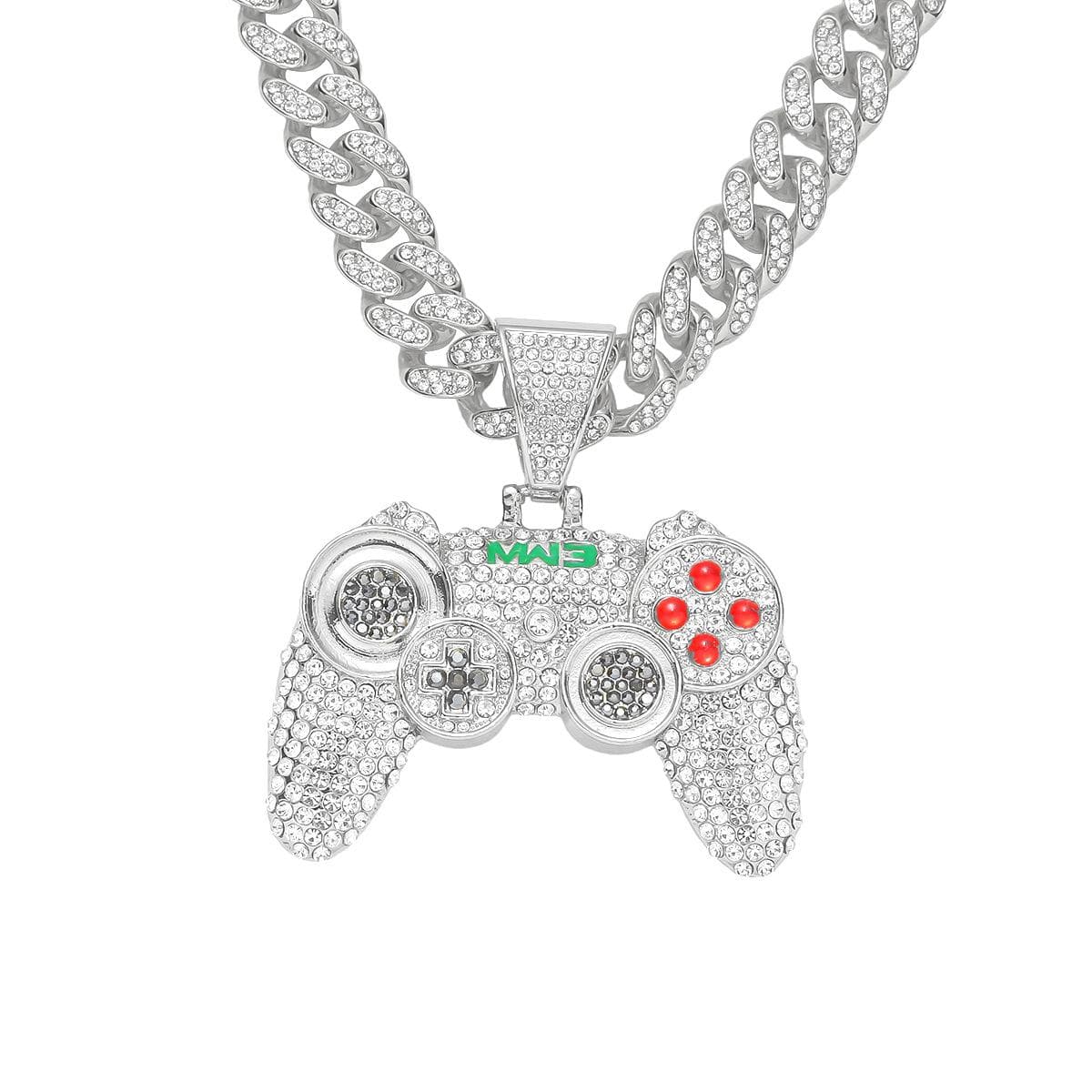 European Hip Hop Alloy Full Diamond Game Machine Pendant Cuban Link Chain Necklace Nightclub Personality Disco Decorative Accessories Decoration