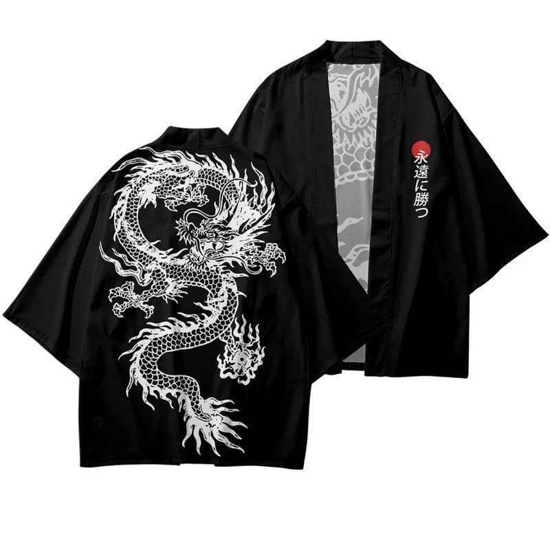 Traditional Samurai Kimono Men Japanese Anime Dragon Print Cosplay Haori Female  Cardigan Yukata Shirt Summer Robe S black