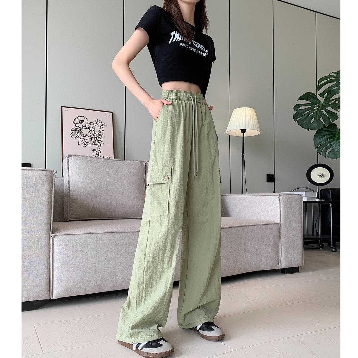 Green Work Pants for Women In Autumn New High-waist Wide-leg Pants Loose Casual Slim Quick-drying Sports Pants XL
